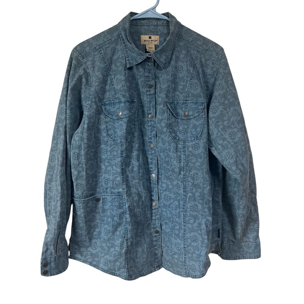 Woolwich women’s denim button down vintage blue jay floral size large